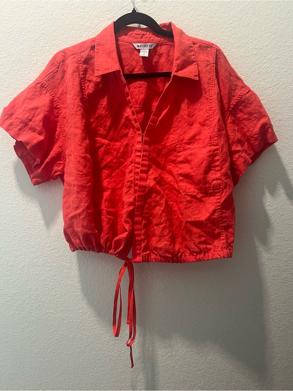 Athleta Playa Tie Top 2X Coral Linen Short Sleeve Button Front Crop Shirt